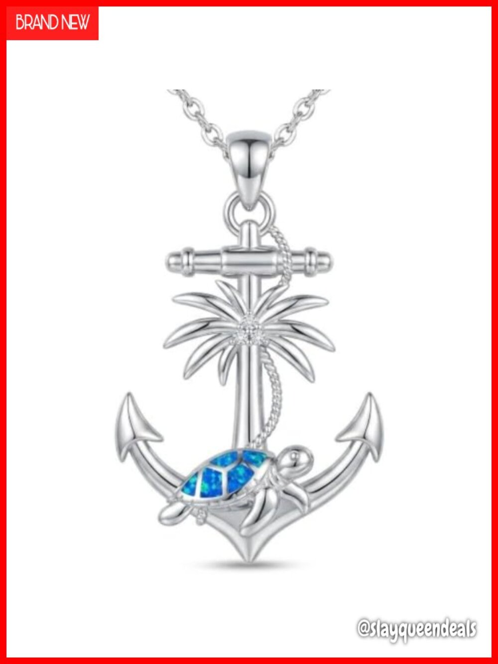 S925 Sterling Silver Opal Lab Grown Diamond Sea Turtle Anchor Pendant Necklace